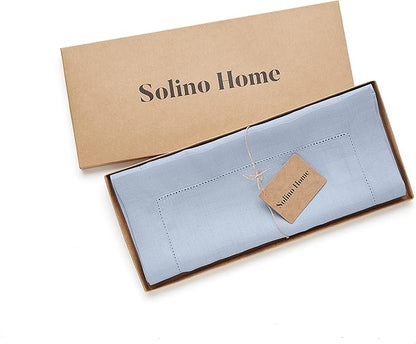Solino Home Linen Hemstitch Table Runner 108 Inches Long - 100% Pure Linen Sky Blue Table Runner 14 x 108 Inch - Classic Hemstitch