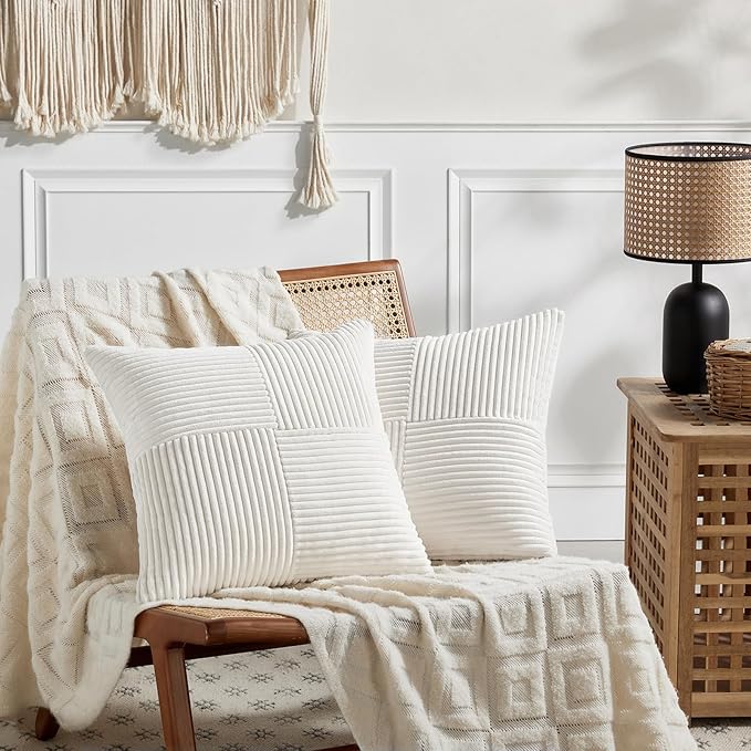 Fancy Homi 2 Packs Cream White Samll Decorative Throw Pillow Covers 14x14 Inch with for Couch Bed Sofa, Rustic Farmhouse Boho Home Decor, Soft Corss Patchwork Corduroy Square Cushion Case 35x35 cm