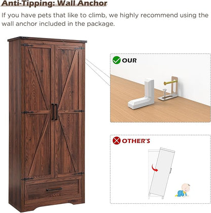 72" Tall Wood Storage Cabinet, Farmhouse Kitchen Pantry Cabinet with Adjustable Shelves & Drawer & Barn Doors, Versatile Storage for Kitchen, Dining Room, Bathroom, Brown