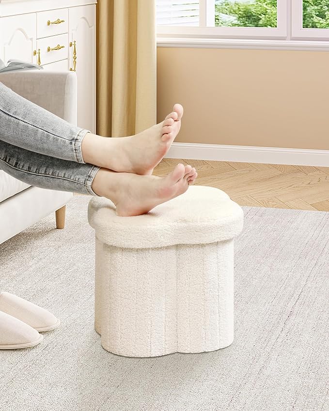B FSOBEIIALEO Storage Ottoman Cube, Flowers Shaped Ottomans with Storage Foot Stool Footrest for Lving Room, Boucle Ottoman Seat for Dorm Room,Faux Teddy Fur, Cream White 12.6"x12.6"x12.6"