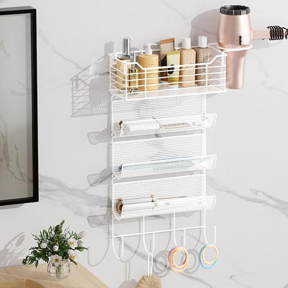 VITVITI Metal Hair Tool Organizer Wall Mount, Hair Dryer Holder with 4 Tier Shelf Basket Hooks, Bathroom Hairs Styling Tool Organizer for Curling Iron/Blow Dryer/Straightener, White