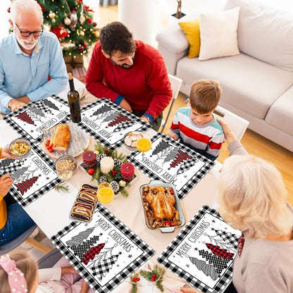 Christmas Placemats Set of 6 Christmas Tree Plastic Table Mats Xmas Trees Black and White Buffalo Plaid Place Mats Winter Holiday Table Decoration for Indoor Outdoor Party Kitchen Dining