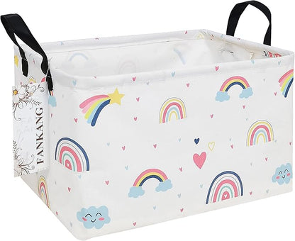 FANKANG Storage Bins, Nursery Hamper Canvas Laundry Basket Foldable with Waterproof PE Coating Large Storage Baskets for Kids Boys and Girls, Office, Bedroom, Clothes,Toys(Rec-Love Rainbow