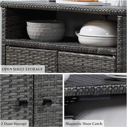 Outdoor Wicker Storage Cabinet,Patio Bar Table with Wheel, Outdoor Buffet Cabinet Movable, Garden Weather-Proof Bar Table/Cart for Indoor&Outdoor (Morden Gray)