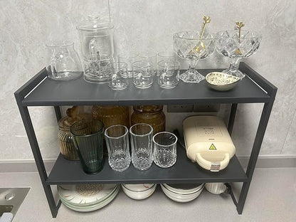 2 Tier Expandable Cabinet Shelf Organizer 14.5-25" L Kitchen Counter Shelf Rack Stand Sink Riser Countertop Storage Black (Normal 7.9”D)