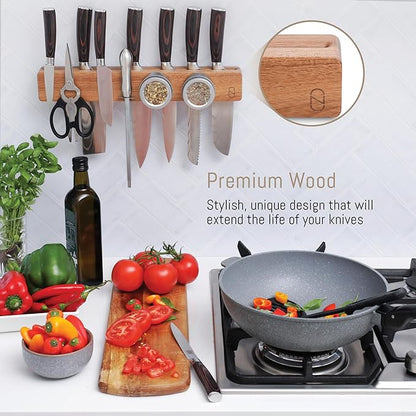 Premium 24 inch Magnetic Knife Holder for Wall with 2x Storage & Charming Wood - Knife Magnetic Strip, Under Cabinet Magnet Knives Storage - Magnet Strip Rack Kitchen Utensil Holder Organizer Tool