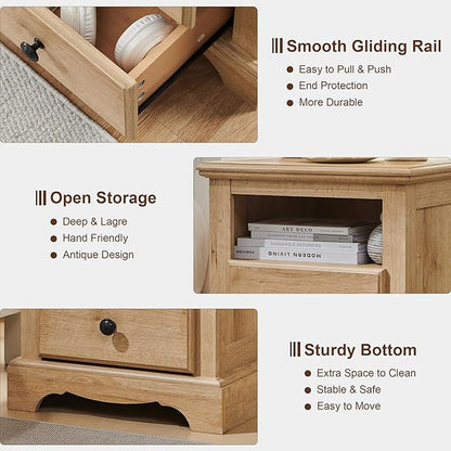 T4TREAM Nightstand with Charging Station, 18 Inch Vintage End Table with 2 Drawers, Wood Rustic Sofa Side Table with Open Storage Shelf for Bedroom, Living Room, Natural Oak