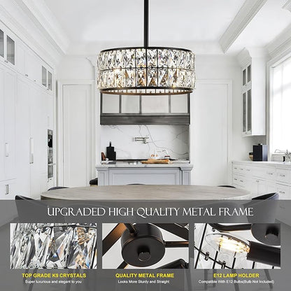 12” 3-Light Modern Crystal Chandeliers Black Dinning Room Light Fixture with Two Poles, Round Pendant Light Kitchen Island Chandelier, Flush Mount Ceiling Light for Living Room Entryway