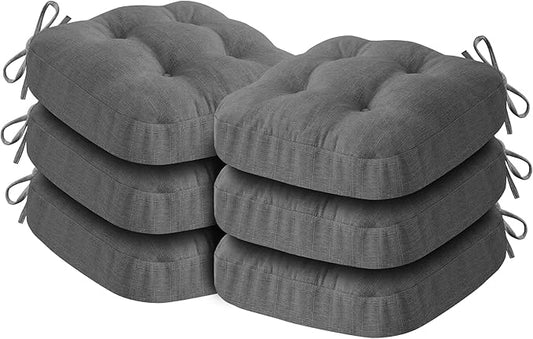 Chair Cushions for Dining Chairs, Dining Chair Cushions, Tufted Indoor Chair Pads with Ties & Non Slip Backing, Seat Cushions for Kitchen Chairs 16.5” x 16.5” x 3.5”, Set of 6, Grey