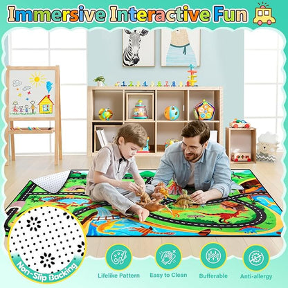 Kids Rug, Car Carpet for Kids' Toy Cars, 3x5 Ft Dinosaur Rug, Dino Safari Road Mat for Playroom, Educational Learning & Game Area Baby Play Mat Carpet for Children