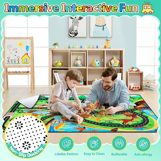 Kids Rug, Car Carpet for Kids' Toy Cars, 6x9 Ft Dinosaur Rug, Dino Safari Road Mat for Playroom, Educational Learning & Game Area Baby Play Mat Carpet for Children