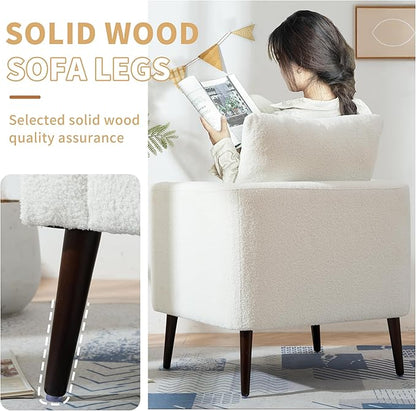 Barrel Accent Chair with Back Pillow, Large Teddy Upholstered Armchair with Solid Wood Legs Modern Reading Chairs for Living Room Bedroom