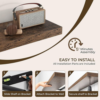 RICHFOCUS 72Inch Floating Shelves for Wall 1 Pack Shelves for Bedroom|Kitchen|Bathroom Wall Mounted Rustic Wood Floating Shelf with Invisible Brackets for Books|Storage|Decor, Rustic Brown