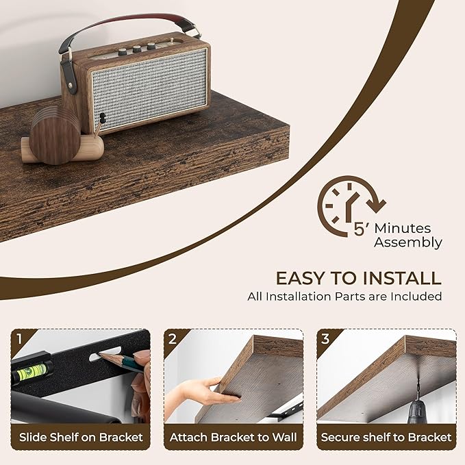 RICHFOCUS 48Inch Floating Shelves for Wall 2 Pack Shelves for Bedroom|Kitchen|Bathroom Wall Mounted Rustic Wood Floating Shelf with Invisible Brackets for Books|Storage|Decor, Rustic Brown