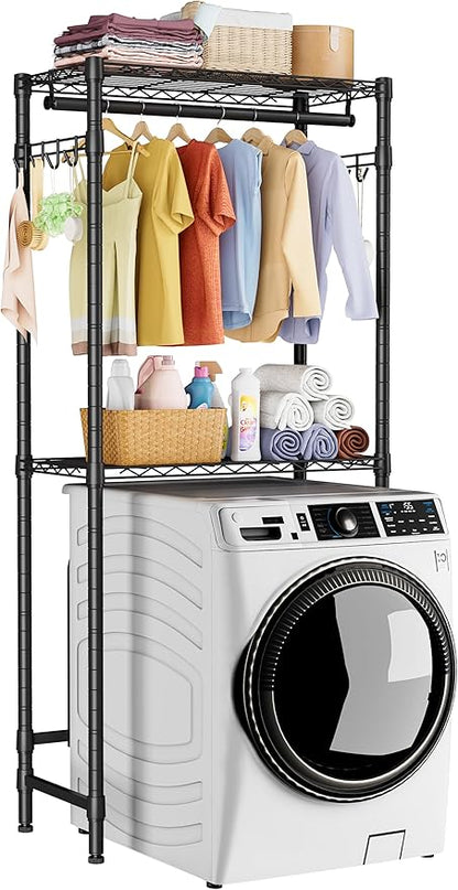 Over Washer and Dryer Shelves,2 Tier Adjustable Height Wire Shelving Laundry Room Storage Organization Clothes Drying Rack with Hanger Rod&Hooks,Space Saving Organizers Shelf,Black