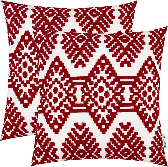 HWY 50 Red Decorative Throw Pillow Covers 18x18 Inch, Pack of 2 Embroidered Cotton Farmhouse Cushion Cover Pillow Case for Sofa Couch Living Room Bed Bedroon, Diamond Design