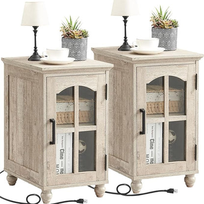Narrow Side Table Set of 2,Farmhouse Nightstand with Charging Station,End Table with Glass Barn Door Storage, Cabinet Organizer with Adjustable Shelf, Night Stand for Small Spaces Living Room Bedroom