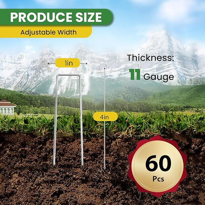 Landscape Staples 4 Inch 60 Pack, Garden Stakes Galvanized Garden Staples 11 Gauge, Plant Cover Stakes for Lawn Weed Barrier