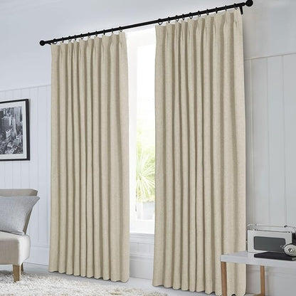 Macochico Pinch Pleated Blackout Curtains 102 Inches Long 100% Light Blocking Beige Linen Drapes for Bedroom Living Room Farmhouse Shabby Chic Burlap Curtains with Tieback 72”Wx102”L 1 Panel