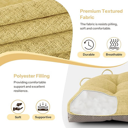 Non Slip Chair Cushions for Dining Chairs Set of 4 Kitchen Chair Cushions 18"x18"x3" Turfted Chair Pads Comfortable and Soft Seat Cushion with Ties, Yellow