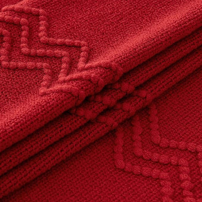MIULEE Red Knitted Throw Blanket for Couch Boho Textured Cozy Woven Blanket with Tassels for Sofa Chair Bed Living Room Acrylic Wave Pattern 50"x60"