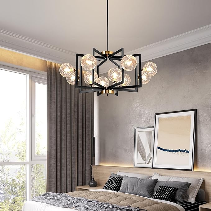 12 Light Black Farmhouse Chandelier Geometric Metal Dining Room Light Fixture Height Adjustable Black Chandeliers for Dining Room Clear Glass Farmhouse Industrial Pendant Lights for Bedroom, Entryway