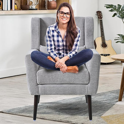 Accent Chair Set of 2, Upholstered Armchair with Pillow, Fabric Single Sofa Chair with Lounge Seat and Wood Legs Accent Chair for Living Room Small Spaces (Grey, Set of 2)