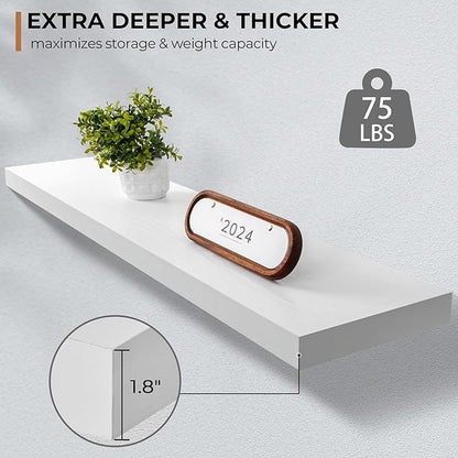 Floating Shelves - 10.3 Inch Deep Wall Shelf for Decor & Storage - Wall Mounted Display Shelving with Invisible Heavy-Duty Metal Bracket - 48" W x 10.3" D x 1.8" H - Set of 1 - Rustic White
