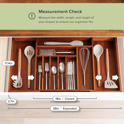 Premium Silverware, Flatware and Utensil Organizer for Kitchen Drawers, Food-Safe Contract Grade, Expandable from 16 to 28 In, Natural Acacia