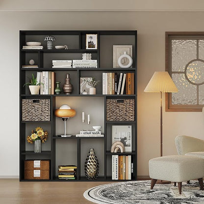 71” Tall Open Black Bookcase with Baskets, Free-Standing 6-Tier Wooden Display Storage Bookshelves with 16 Irregular Cubes for Living Room, Home Decor