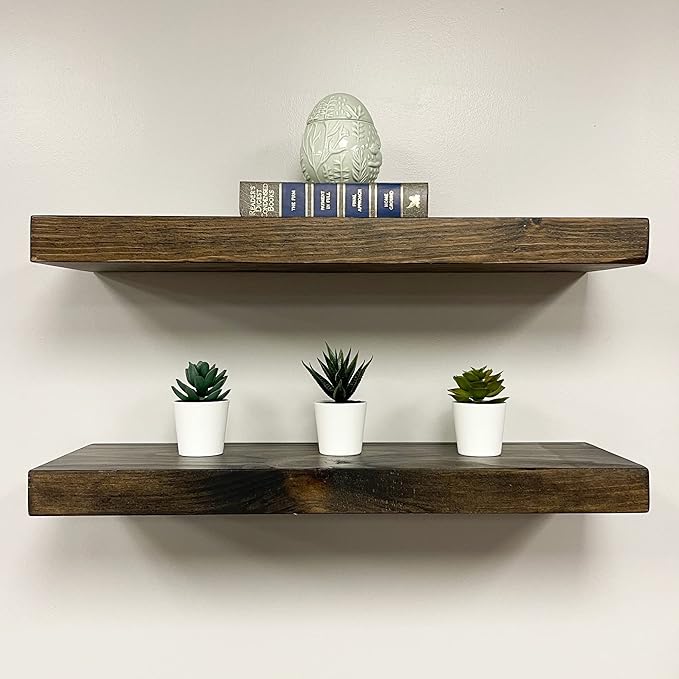 URBANDI, Rustic Floating Shelves, Set of 2, Hidden Bracket, Solid Wood, Heavy Duty, Wall Mounted Shelves, (Dark Brown, 12Wx12D)
