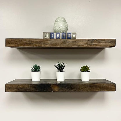 URBANDI, Rustic Floating Shelves, Set of 2, Hidden Bracket, Solid Wood, Heavy Duty, Wall Mounted Shelves, (Dark Brown, 12Wx12D)