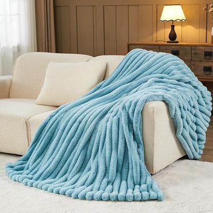 NEWCOSPLAY Faux Fur Throw Blanket Blue 3D Ribbed Plush Thick Warm Blanket for Couch Sofa Bed 850GSM (Blue Ribbed, Throw(50"x60"))