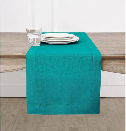 Solino Home Linen Hemstitch Table Runner 90 Inches Long - 100% Pure Linen Teal Table Runner 14 x 90 Inch for Fall, Autumn, Thanksgiving - Classic Hemstitch