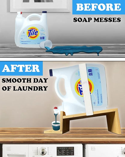 TidyFriend Laundry Detergent Dispenser with Tray & Strap, Laundry Soap Dispenser with Non-Slip Rubber Feet for Washing Room Organization, Easy Pour (Wood)