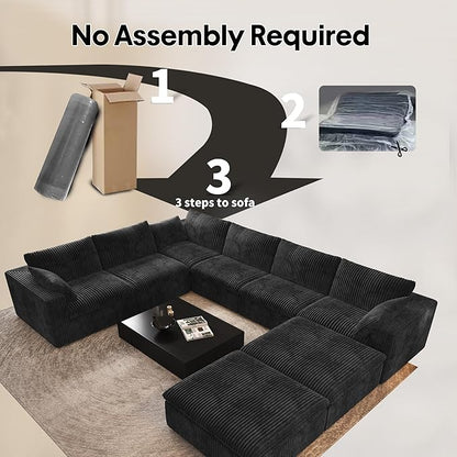 Oversized Modular Sectional Cloud Couch,157.5" U Shaped Modern Sofa with 2 Ottoman and 2 Middle Seats,Upholstered Couches with Corduroy Fabric for Living Room Furniture,No Assembly Required,Black