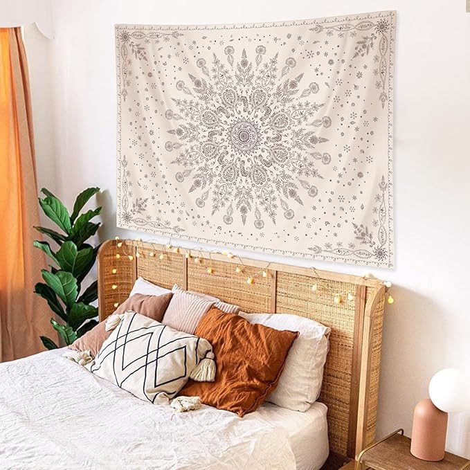Lunerfex Boho Floral Tapestry Mandala Wall Tapestry, Cute Tapestries for Bedroom Beige Flower Tapestries Wall Hanging for Bedroom Living Room Decor Beige-1 60"x80"