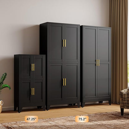 47.25" Metal Storage Cabinet, Black Kitchen Food Storage with 4 Door and 2 Adjustable Shelves, Freestanding Bathroom Cabinet, Pantry for Kitchen Dinning Room, Cupboard