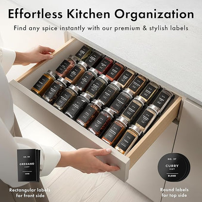 Glass Spice Jars with Labels and Steel Lids (24 x 4oz) Spice Containers with 240 Label, Steel Funnel, Shaker Inserts, Empty Square Seasoning Organizer for Spice Rack, Cabinet, Drawer