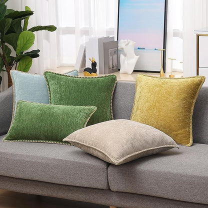 decorUhome Fall Chenille Soft Throw Pillow Covers 22x22 Set of 2, Farmhouse Velvet Neutral Decorative Euro Pillow Covers with Stitched Edge for Couch Sofa Bed Home Decor, Forest Elf