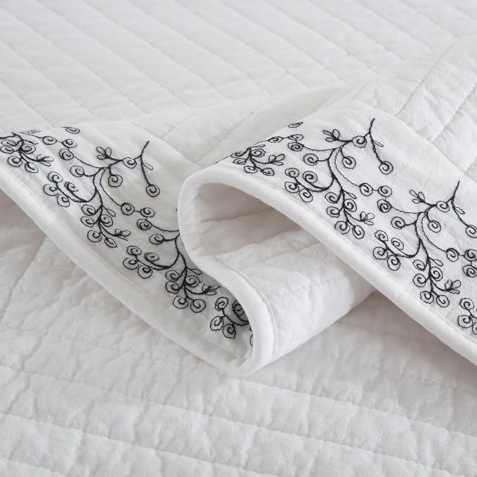 MarCielo 3-Piece 100% Cotton White Striped Quilt Set with Botanical Edge Embroidery TC(Sakura White,King(106" X 98"))