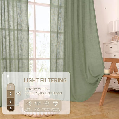 LAMIT Small Linen Curtains 2 Panels Set for Bebroom, 45 inches Long Soft Thick Light Filtering Bronze Grommet Window Textured Neutral Sheer Drapes for Kitchen/Loft Room, 52 x 45 Inch, Sage Green
