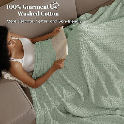 PHF 100% Cotton Waffle Weave Blanket Twin Size, Soft Lightweight Breathable Cozy Summer Blankets for Bed, Luxury Aesthetic Woven Bedding for Home Decor, 66"x90", Sage Green