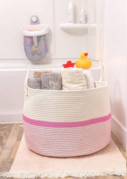 OrganiHaus Boho Woven Basket for Blankets and Laundry, Decorative Large Storage Bin for Living Room, Nursery Basket for Toys & Clothes, Soft Cotton Rope with Handles 20x13 inches - Striped Pink