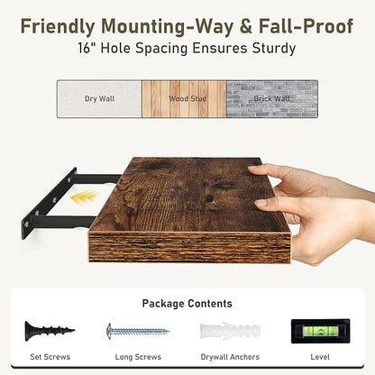 Fun Memories 55 Inch Floating Shelves for Wall 2 Pack Shelves for Bedroom|Kitchen|Bathroom 55 x 9.3 Inch Wood Floating Shelf with Invisible Brackets for Books|Storage|Decor, Rustic Brown