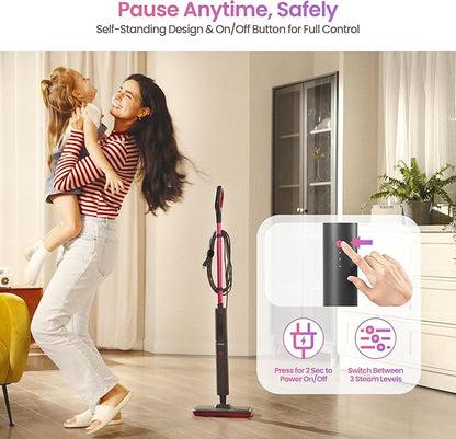 Schenley Steam Mop Cleaner Powerful - 15s Fast Heat-Up, Chemical-Free for Hardwood/Tile/Laminate & Floors/Walls, Washable Pads, 3 Modes for Carpet, Lightweight, Self-Standing, Sleek Design