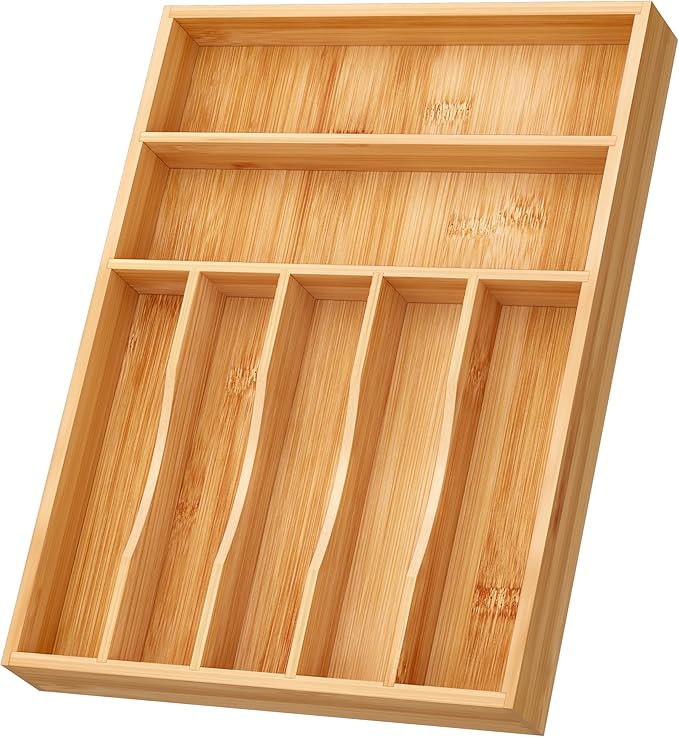 BAMEOS Bamboo Silverware Drawer Organizers, 11.9 inch Utensil Drawer Organizer for Kitchen Drawers, 7 Slots Total Large Flatware Organizer for Knives Cutlery Spoons Forks (Natural)