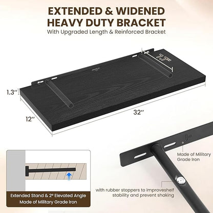 32" Floating Shelves for Wall, 12" Deep Slim Black Floating Shelves, Wall-Mounted Shelves for Bedroom, Living Room, Kitchen, Bathroom - Set of 2