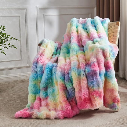 Lotus Karen Faux Fur Throw Blanket Rainbow - Big Bubble Rabbit Fluff Blanket for Couch, Small Fluffy Fuzzy Cozy Blanket, Thick Furry Plush Shaggy Blankets, 50x60 Inches