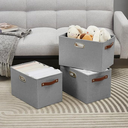 Large 3-Pack Foldable Fabric Storage Bins with Durable PU & Metal Handles, Collapsible Storage Baskets for Shelves, Home Storage, Closet Organizers, Living Room(14.9"x9.8"x9.8", Grey)